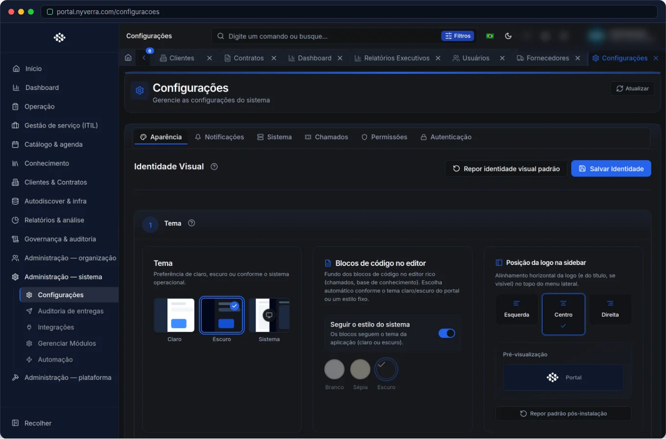 Configurações e Branding no Portal Nyverra: o portal com a sua cara — Portal Nyverra ITSM