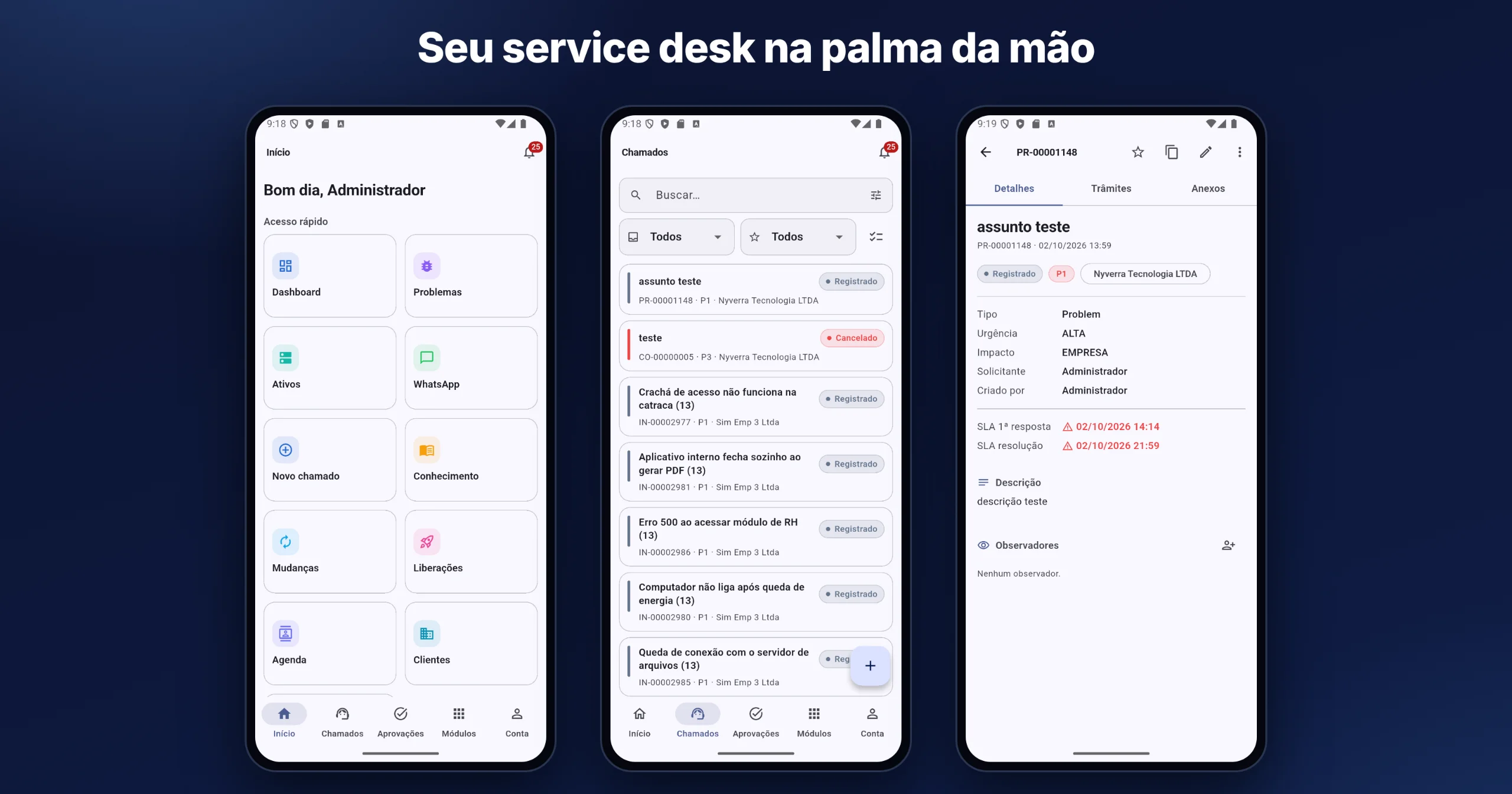 App mobile do Portal Nyverra ITSM: Início, Chamados e detalhe do chamado