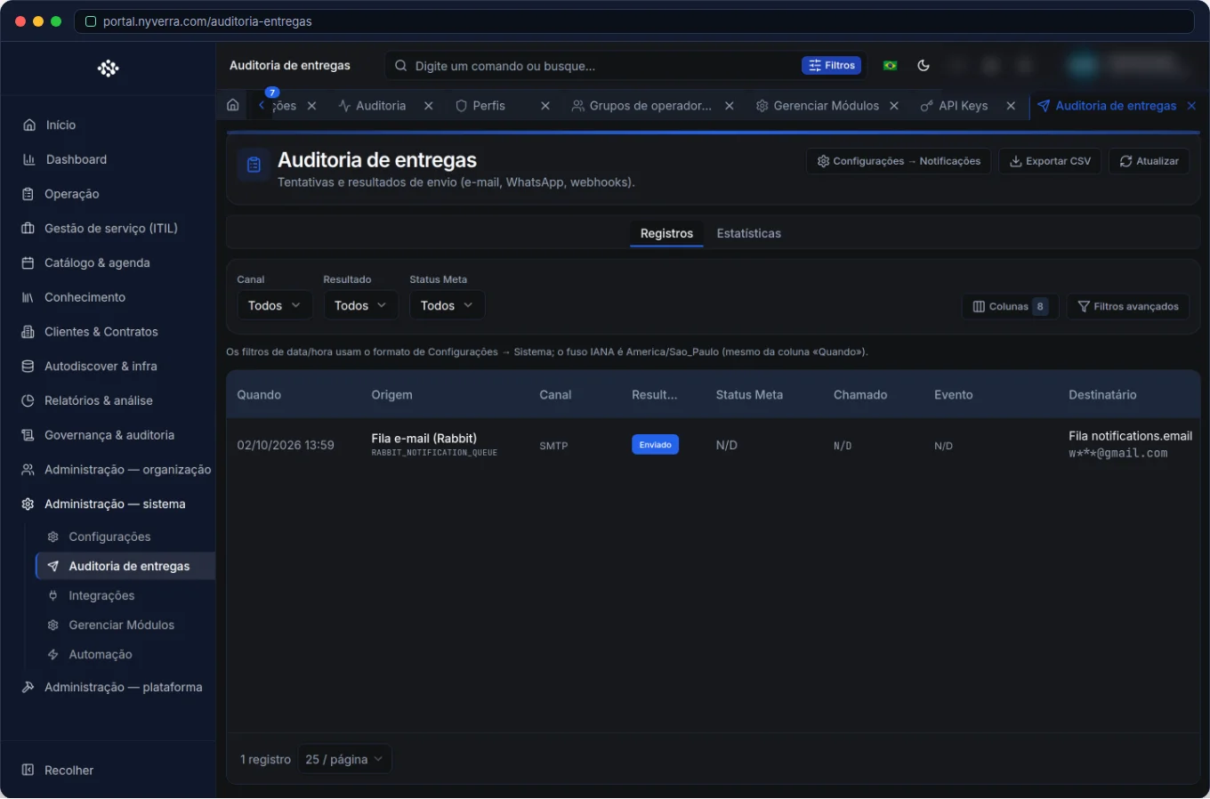 Auditoria de Entregas no Portal Nyverra: comprovar que a notificação chegou — Portal Nyverra ITSM