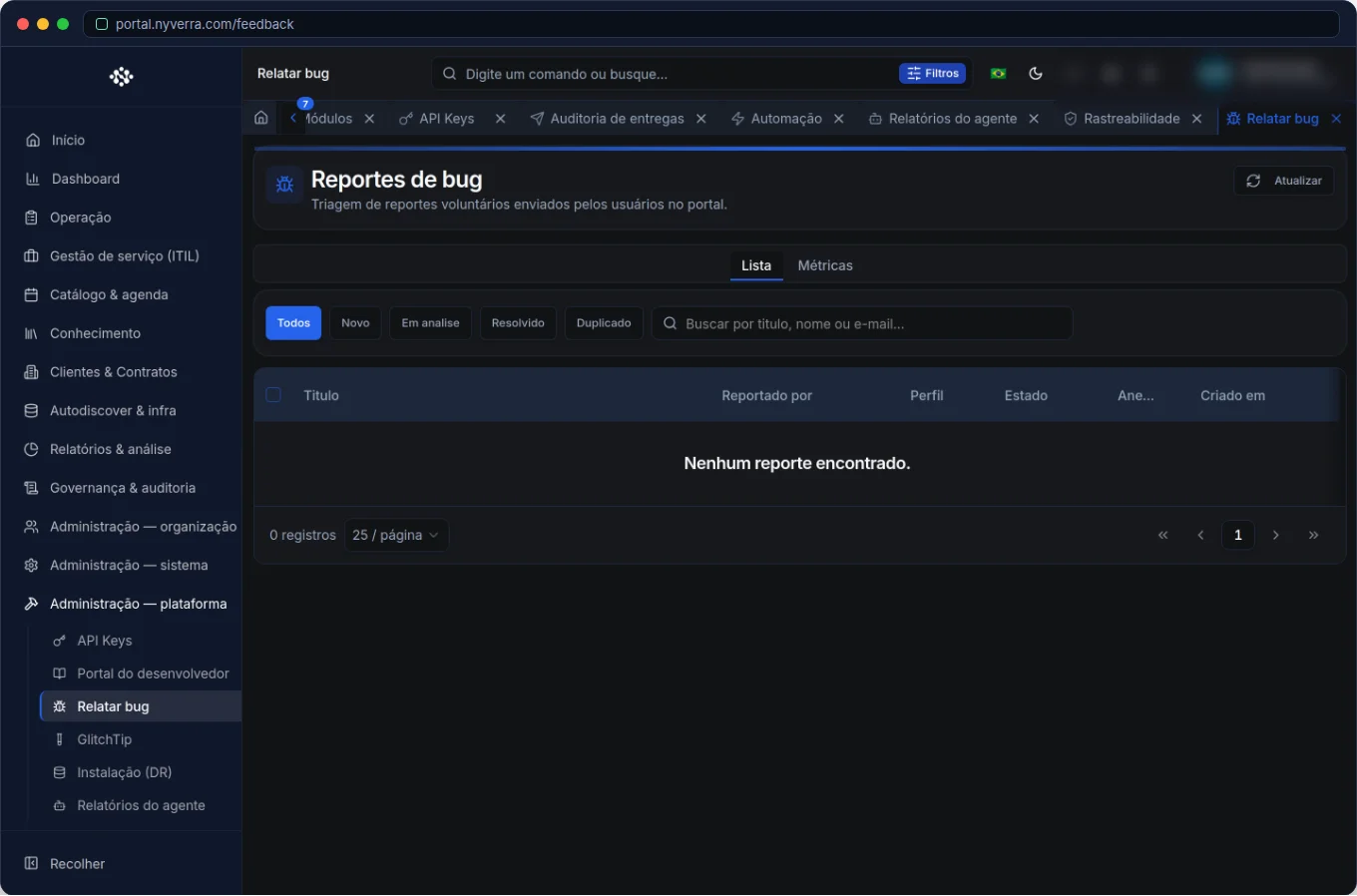 Feedback e Reportes de Bug no Portal Nyverra: melhoria contínua com quem usa — Portal Nyverra ITSM