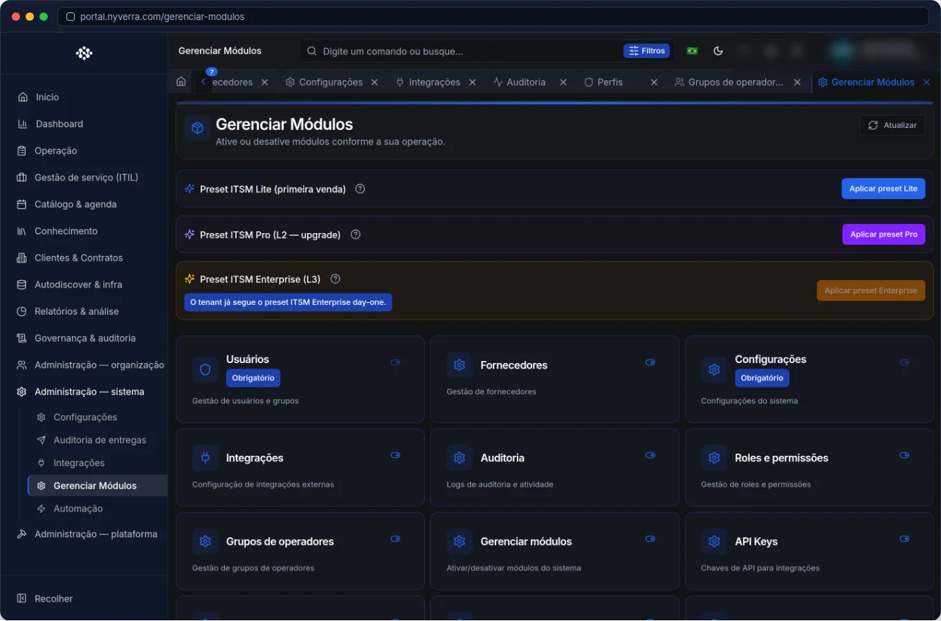 Gerenciar Módulos no Portal Nyverra: ligue só o que você usa — Portal Nyverra ITSM