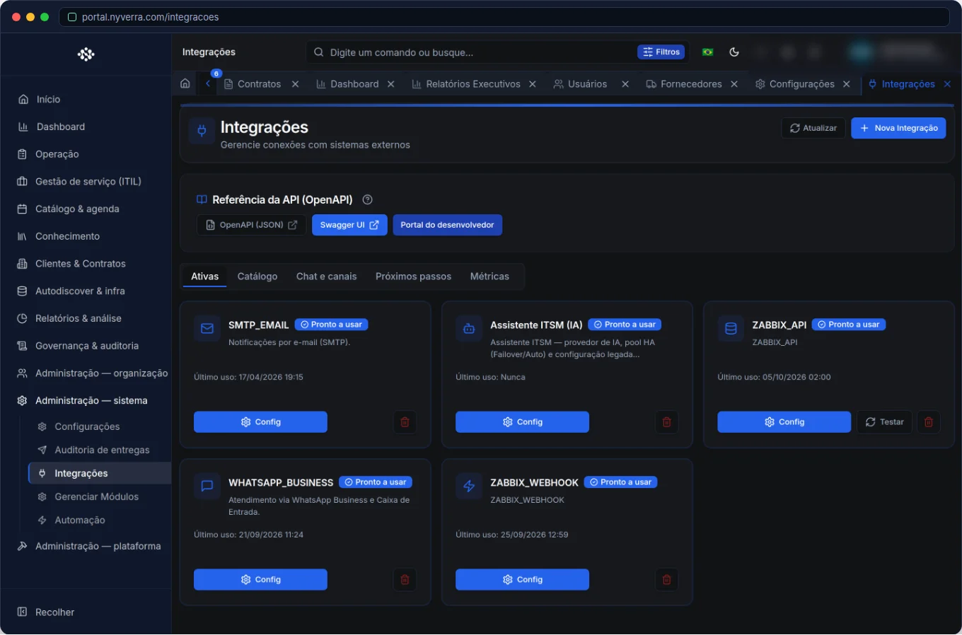 Integrações no Portal Nyverra: Zabbix, WhatsApp, LDAP/SAML e e-mail — Portal Nyverra ITSM