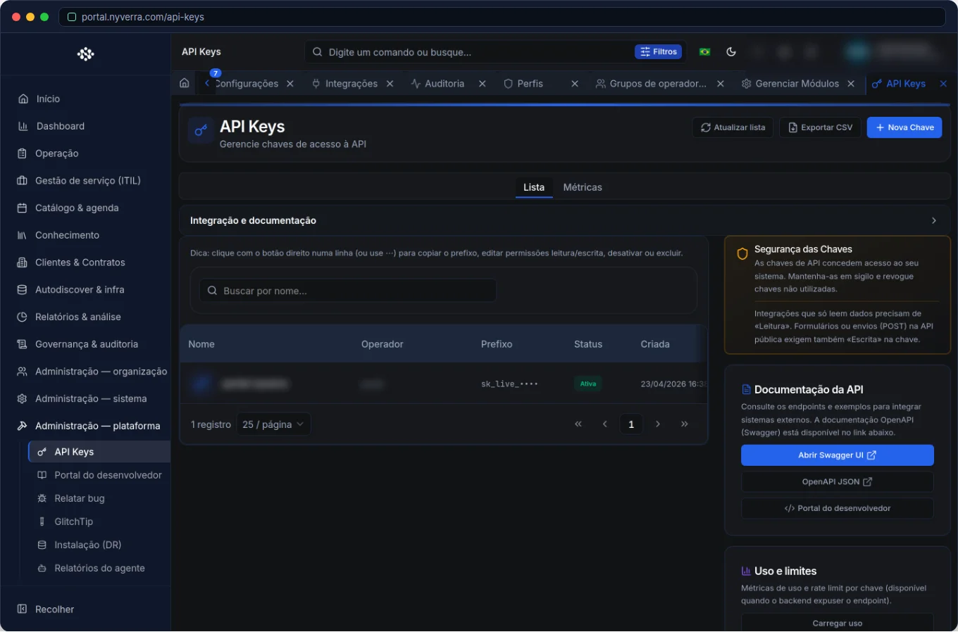 API Keys no Portal Nyverra: integração máquina-a-máquina com controle — Portal Nyverra ITSM