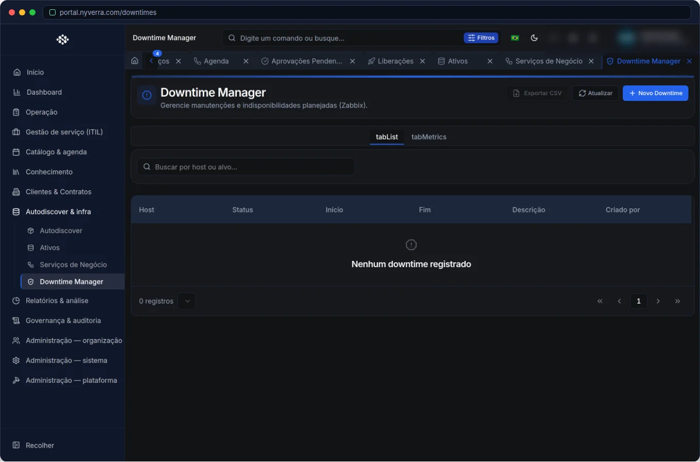 Downtime Manager no Portal Nyverra: manutenção sem falsos alertas — Portal Nyverra ITSM